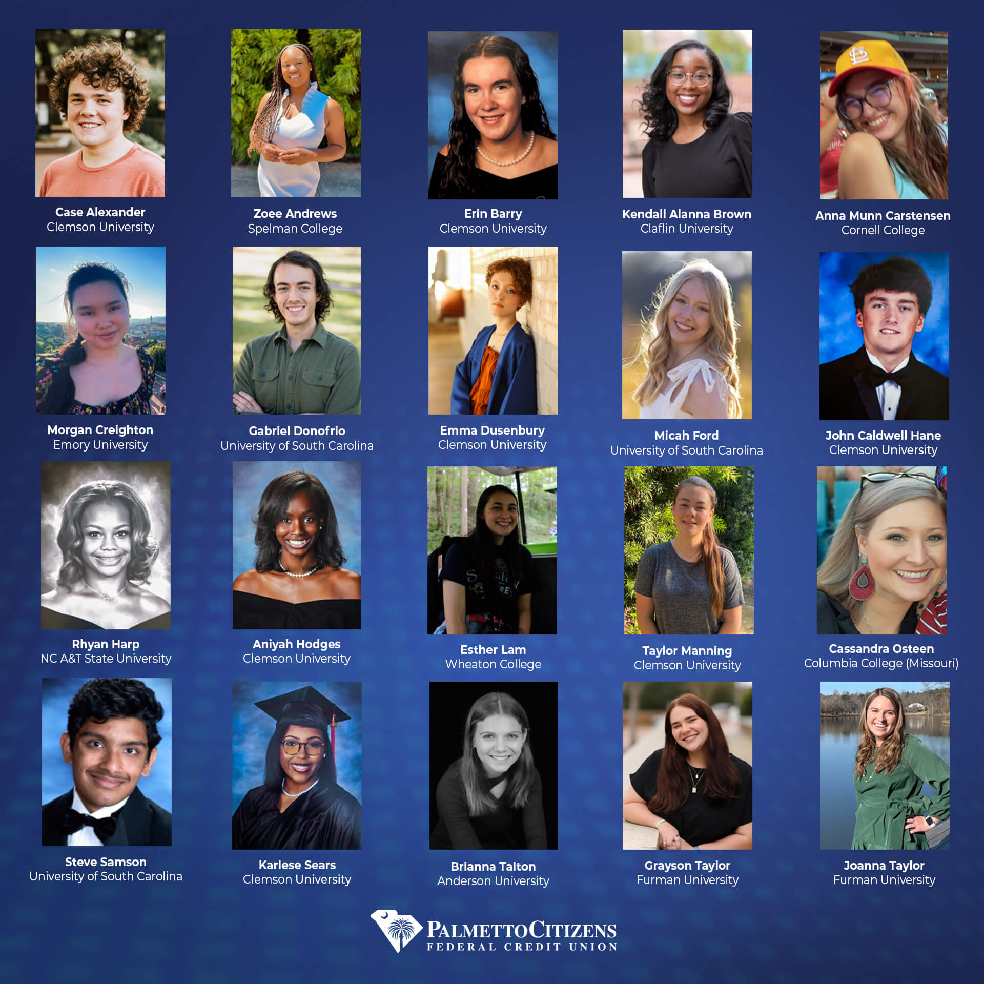 Collage of 2023 scholarship winners with names and universities, credit union logo.