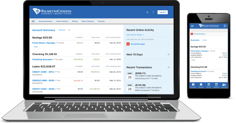 Laptop and smartphone displaying online banking account information.