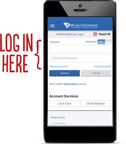 Phone screen with mobile banking login and 'Log In Here' arrow.