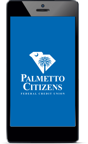 Smartphone showing 'Palmetto Citizens Federal Credit Union' logo.