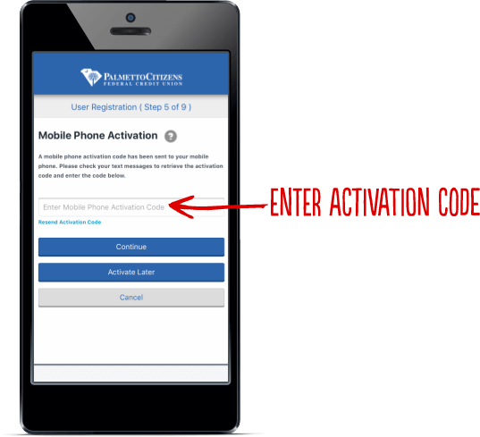 Phone screen with 'Enter Mobile Phone Activation Code' field highlighted.