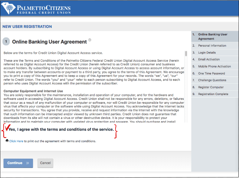 Webpage with Online Banking User Agreement and 'I agree' checkbox.