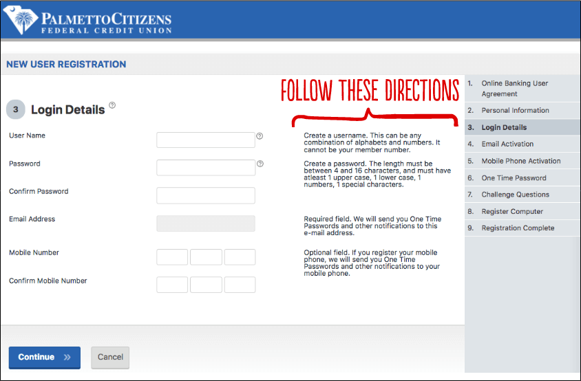 Webpage with new user registration step for login details.