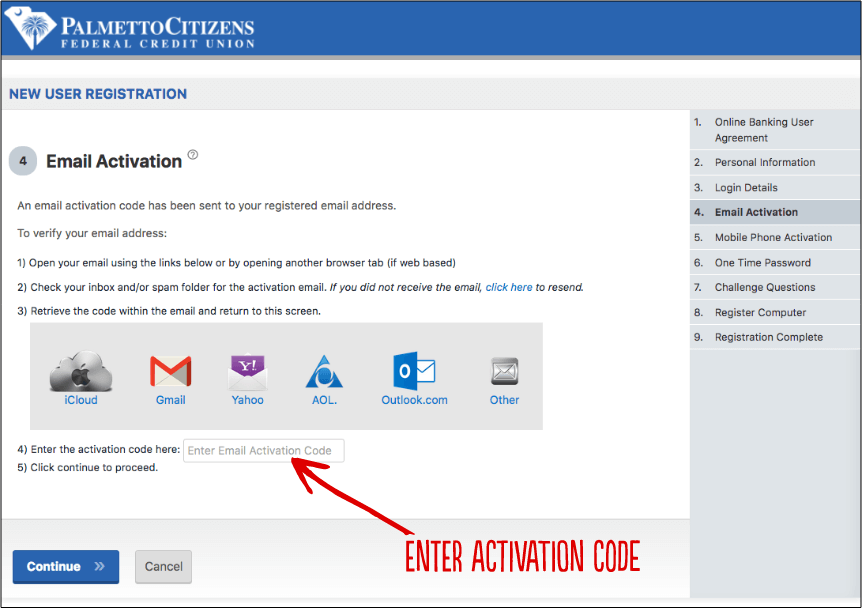 Webpage with new user registration step for email activation and activation code input.